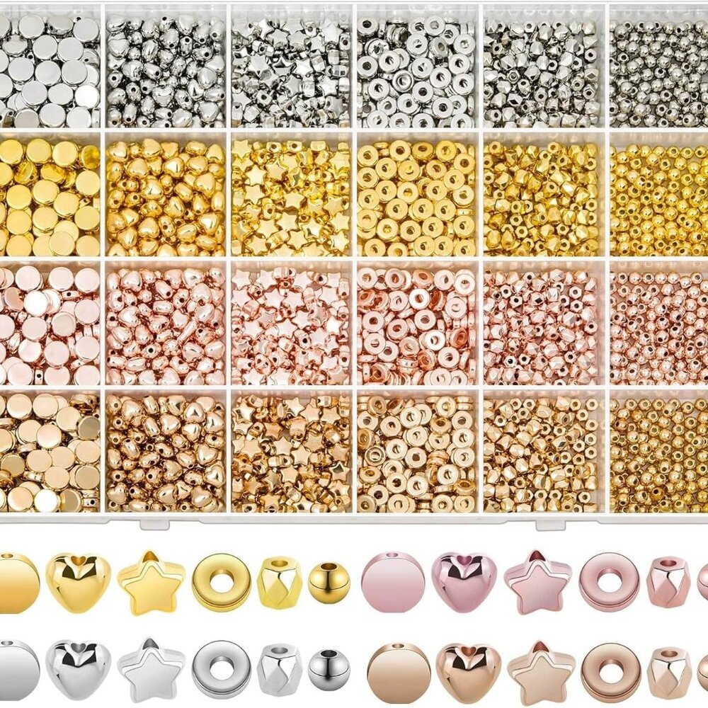 2160 Pieces Gold Spacer Beads Set, Assorted Round Star Gold Beads for Bracelet J